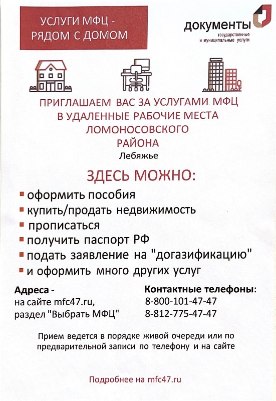 Приглашаем Вас ща услугами МФЦ в удаленные рабочие места Ломоносовского района Лебяжье